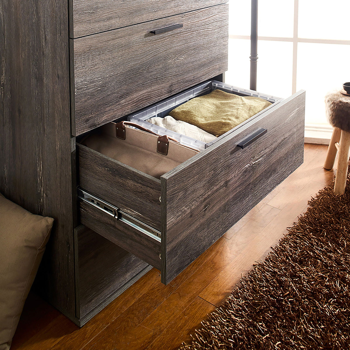 Oliver farmhouse jumbo chest with four drawers in dark wood grain finish, open drawer shows bin on Tampa Home & Garden Store