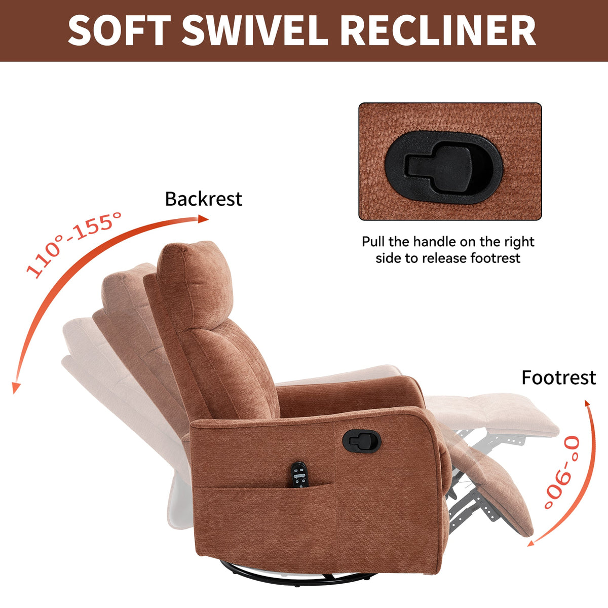 Orange heat massage manual recliner chair by HouseOfZazla, remote included, rocker and swivel on Tampa Home & Garden Store