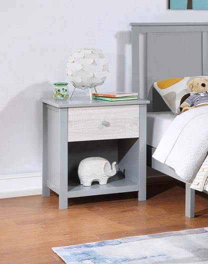 Connelly nightstand, gray-blue wood finish with drawer and shelf, topped by a white petal lamp on Tampa Home & Garden Store