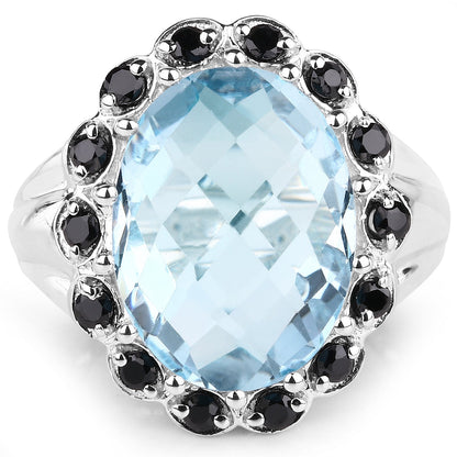 Ring with a large pale blue topaz surrounded by black spinel halos in 925 sterling silver on Tampa Home & Garden Store
