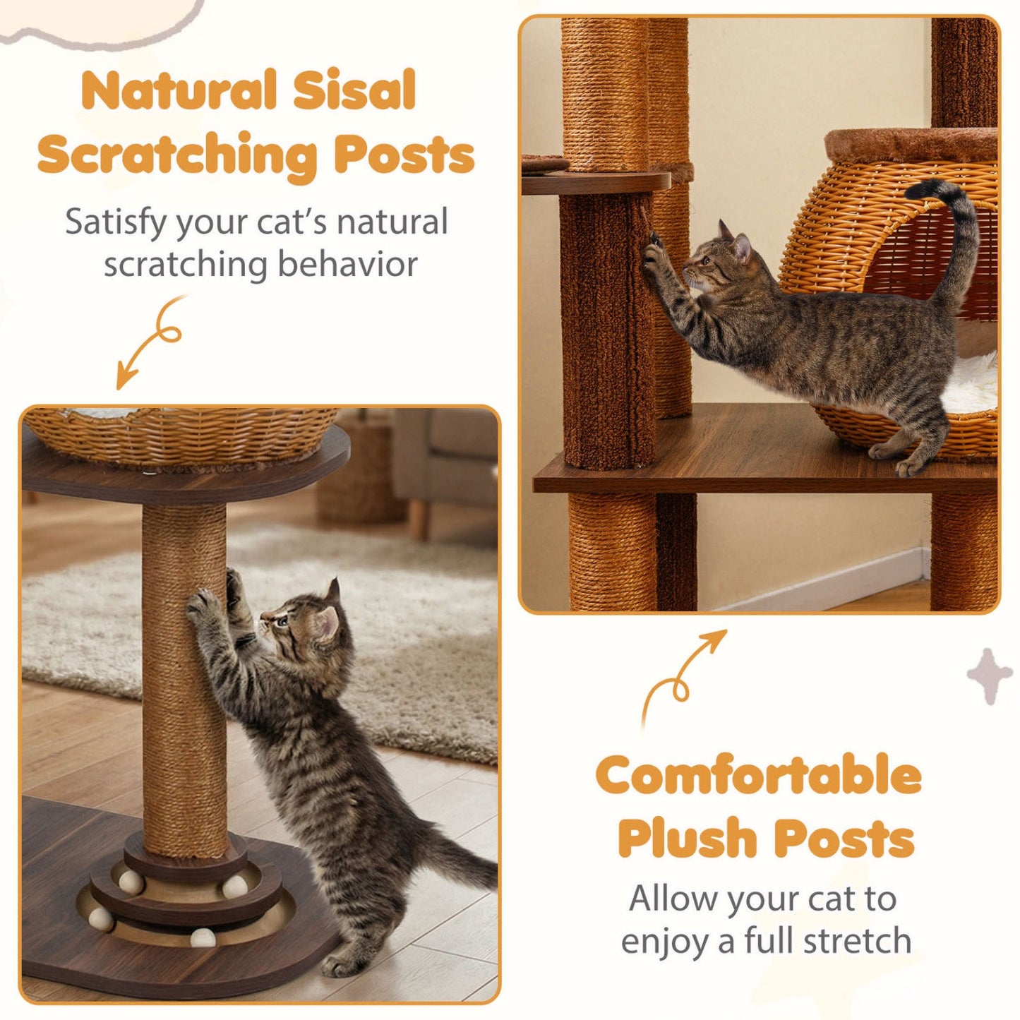 59.5 Inch Cat Tree Multi-Level Tower with natural sisal posts, PE rattan condo and top perch by DirectDeals on Tampa Home & Garden Store