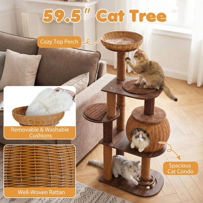 DirectDeals 59.5-Inch Cat Tree with PE Rattan Condo and Top Perch multi-level cat tower on Tampa Home & Garden Store
