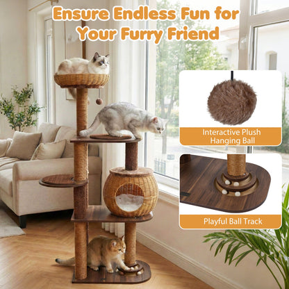 59.5-Inch Cat Tree with PE Rattan Condo and Top Perch, multi-level cat tower by DirectDeals on Tampa Home & Garden Store