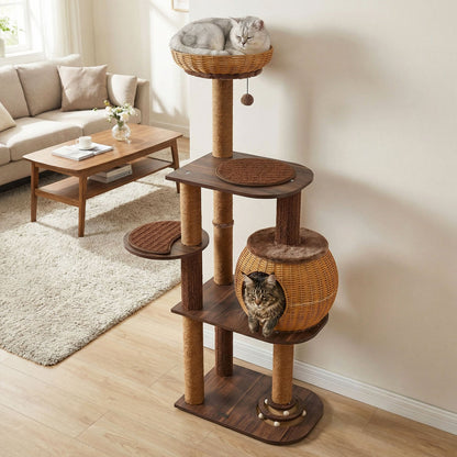 Multi Level Cat Tree with Rattan Condo and Perch