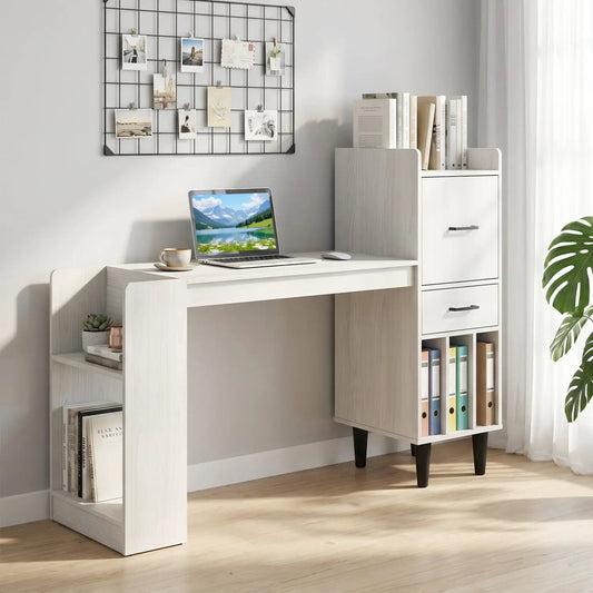 DirectDeals 59in L-shaped corner desk with storage shelves and drawers, white wood finish on Tampa Home & Garden Store