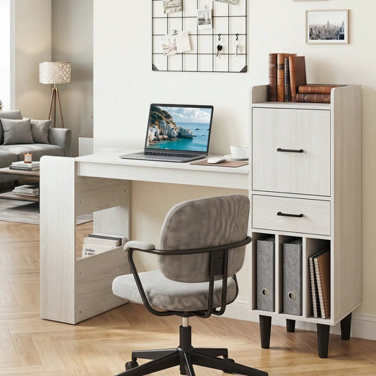 59in L-shaped corner desk with storage cabinet and drawer in light wood finish; laptop on desk on Tampa Home & Garden Store