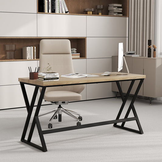59 Inch Computer Desk with Heavy-duty Metal Frame and Crossbar-Gray - Tampa Home & Garden Store