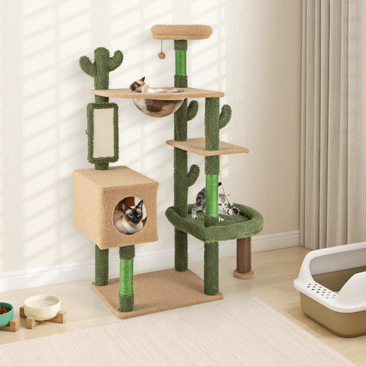 59 Inch Multilevel Cactus Cat Tree with Scratching Posts Cando Toy and Rope-Green - Tampa Home & Garden Store