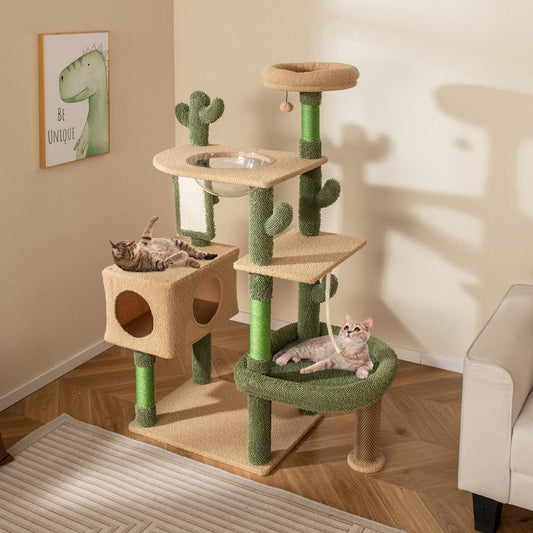 59 Inch Multilevel Cactus Cat Tree with Scratching Posts Cando Toy and Rope-Green - Tampa Home & Garden Store