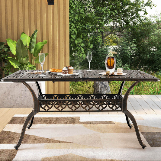 59 Inch Aluminum Patio Dining Table with Umbrella Hole fot 6 Persons-Bronze - Tampa Home & Garden Store
