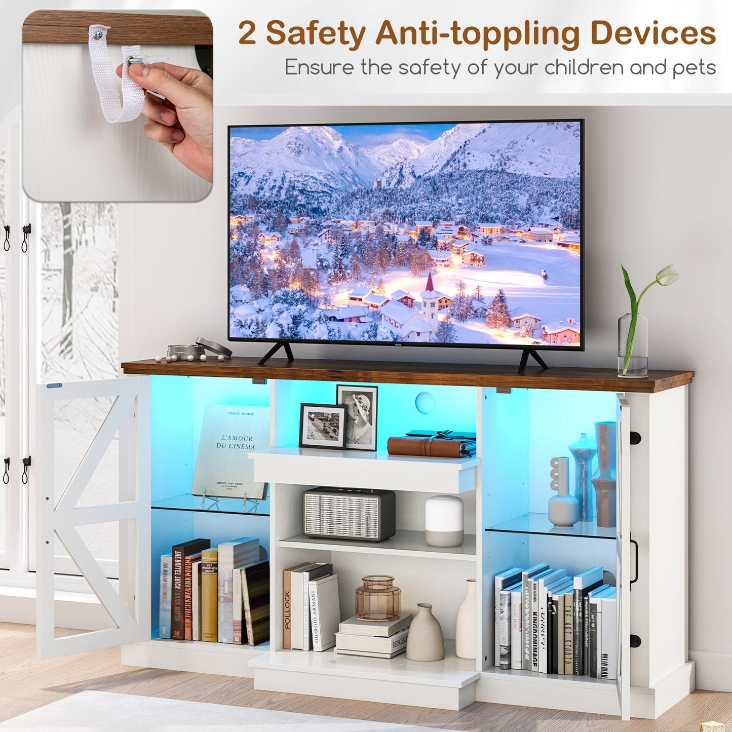 Mueble para TV de 59 Pulgadas con 3 Niveles de Estantes y 22 Modos Dinámicos - Blanco