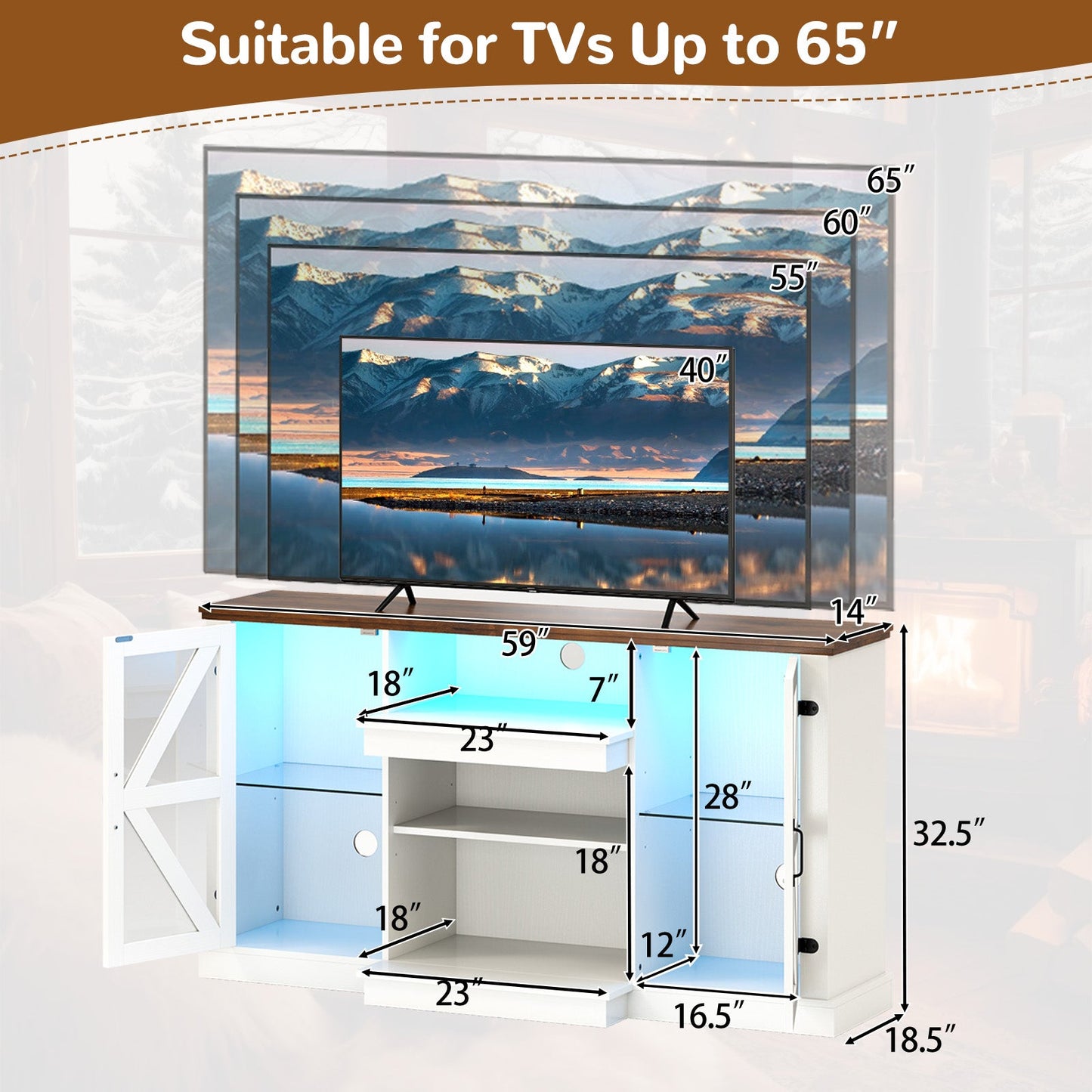Mueble para TV de 59 Pulgadas con 3 Niveles de Estantes y 22 Modos Dinámicos - Blanco