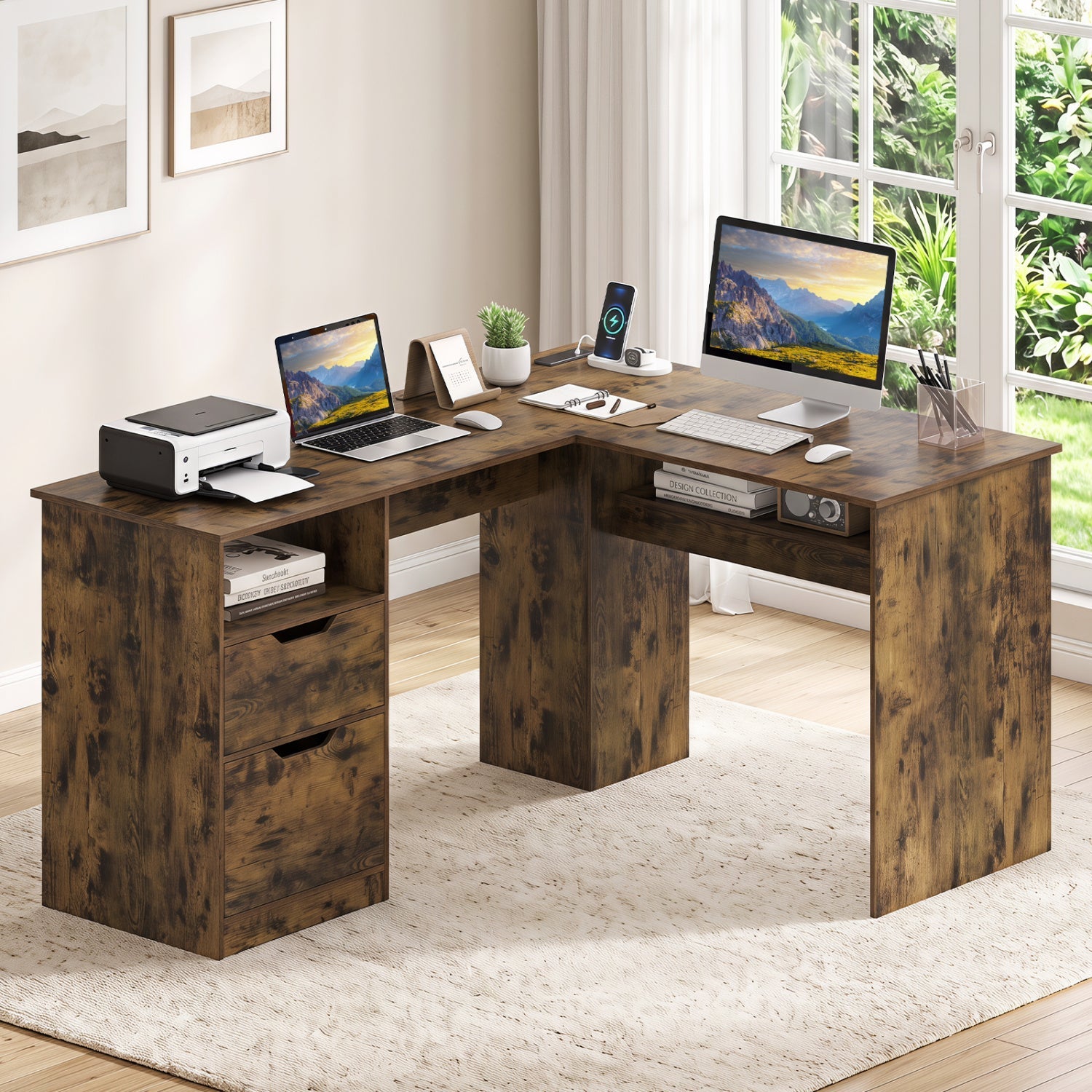 DirectDeals 59in L-shaped executive desk with outlets, dark wood finish and storage drawers on Tampa Home & Garden Store