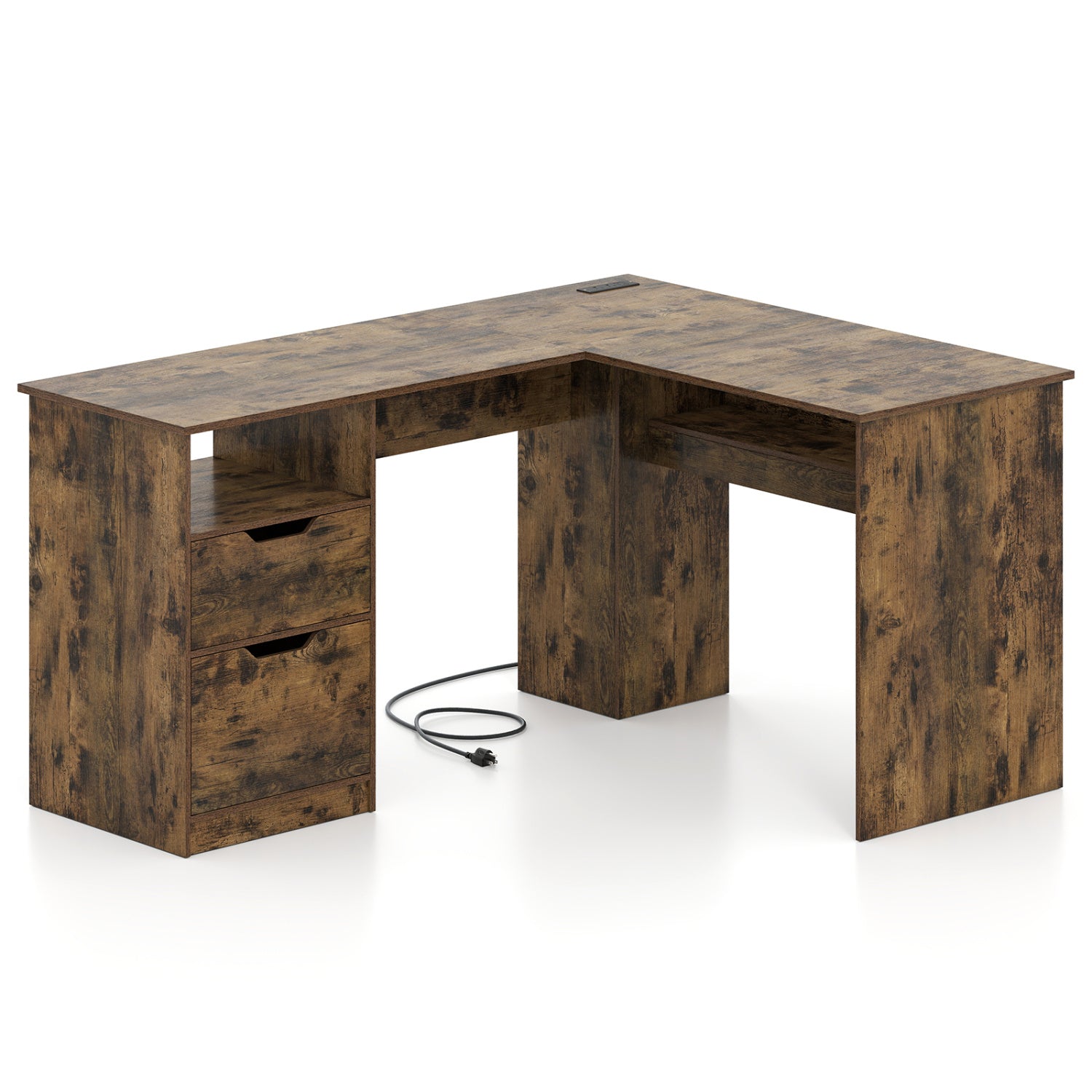 59in L-shaped executive desk with power outlets and storage in dark walnut finish, DirectDeals on Tampa Home & Garden Store