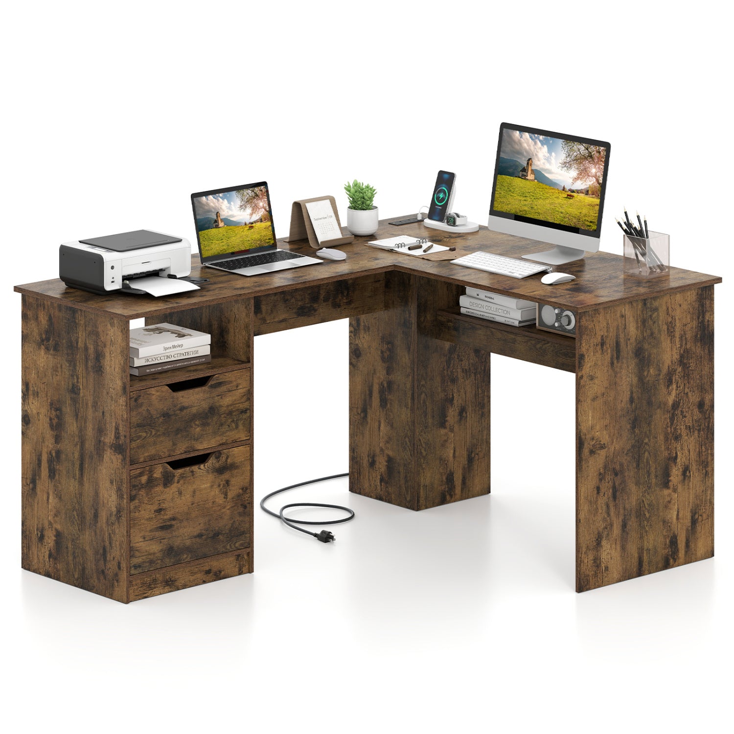 59-inch L-shaped executive desk by DirectDeals with built-in power outlets and storage in dark wood finish on Tampa Home & Garden Store
