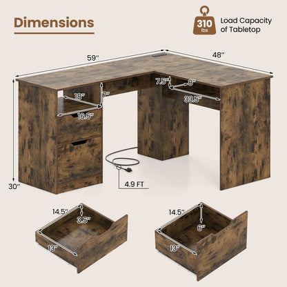 59-inch L-shaped executive desk with power outlets and storage in dark wood DirectDeals on Tampa Home & Garden Store