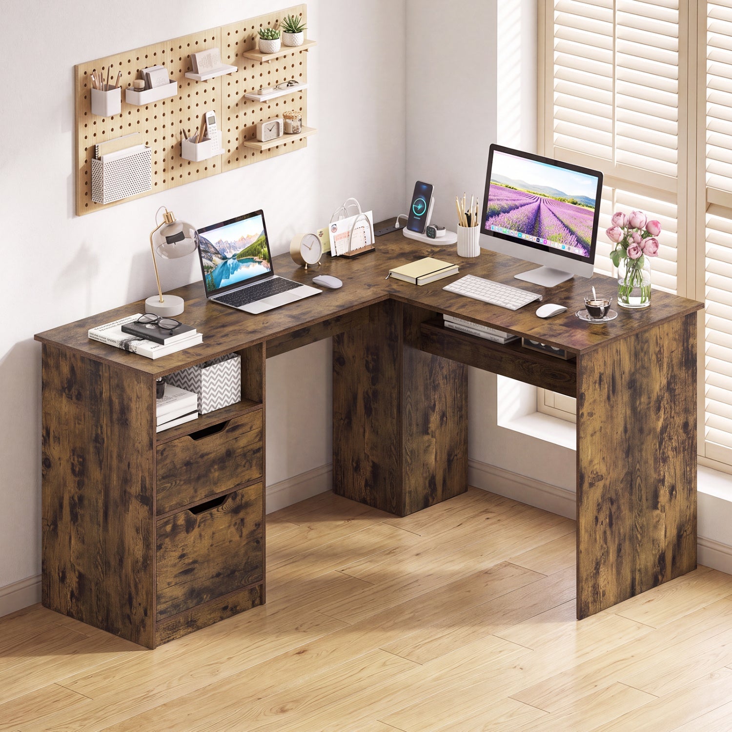 DirectDeals 59in L-shaped executive desk in dark wood with power outlets and storage on Tampa Home & Garden Store