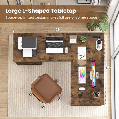 DirectDeals 59in L-shaped executive desk with dark wood finish, power outlets and storage on Tampa Home & Garden Store