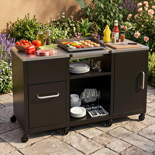 Outdoor grill table 59-inch with removable shelves and storage, black steel DirectDeals on Tampa Home & Garden Store