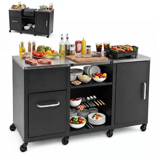 Outdoor grill table 59in by DirectDeals, black steel top with removable shelves and storage on Tampa Home & Garden Store