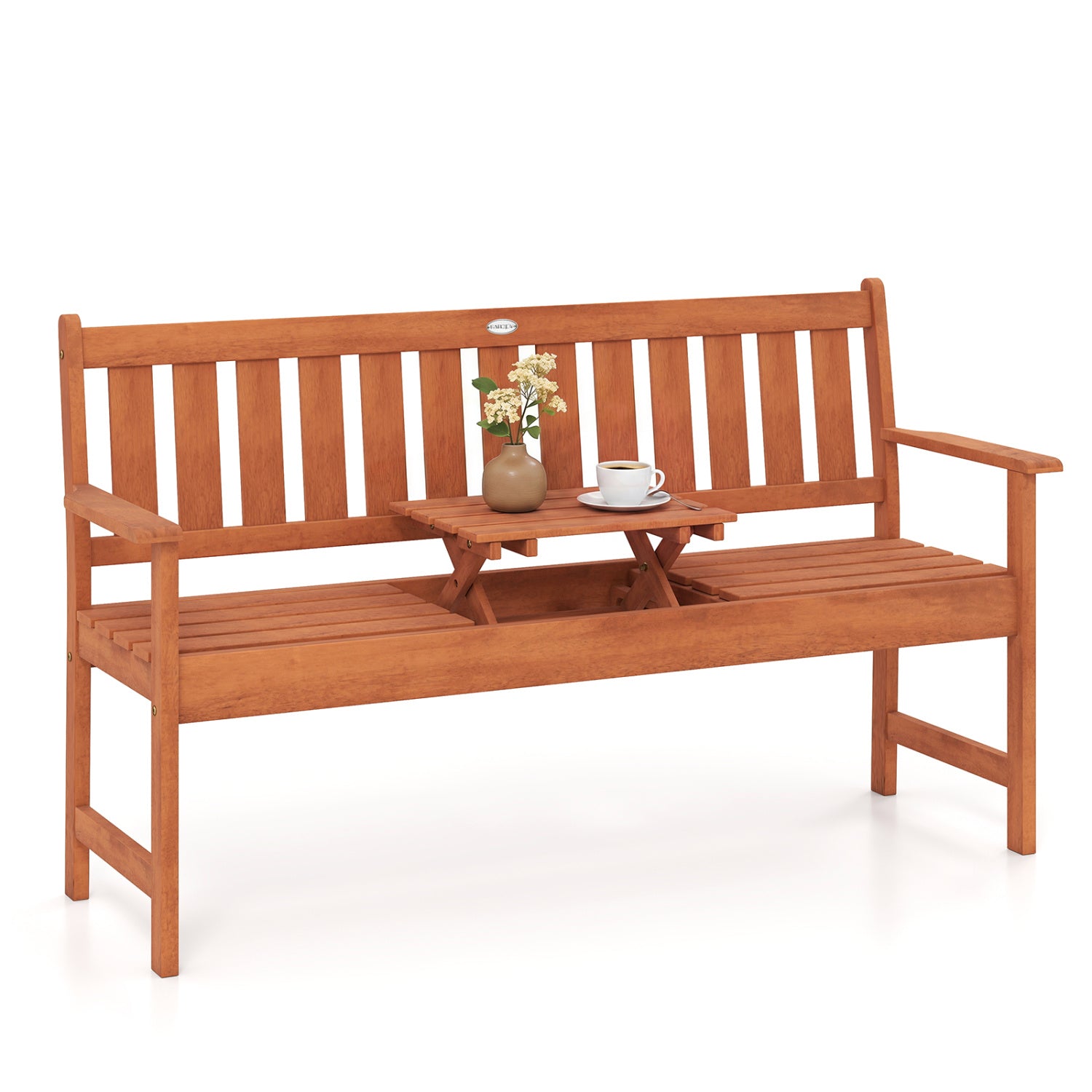 59in outdoor wood garden bench with pull-out center table in natural finish DirectDeals on Tampa Home & Garden Store