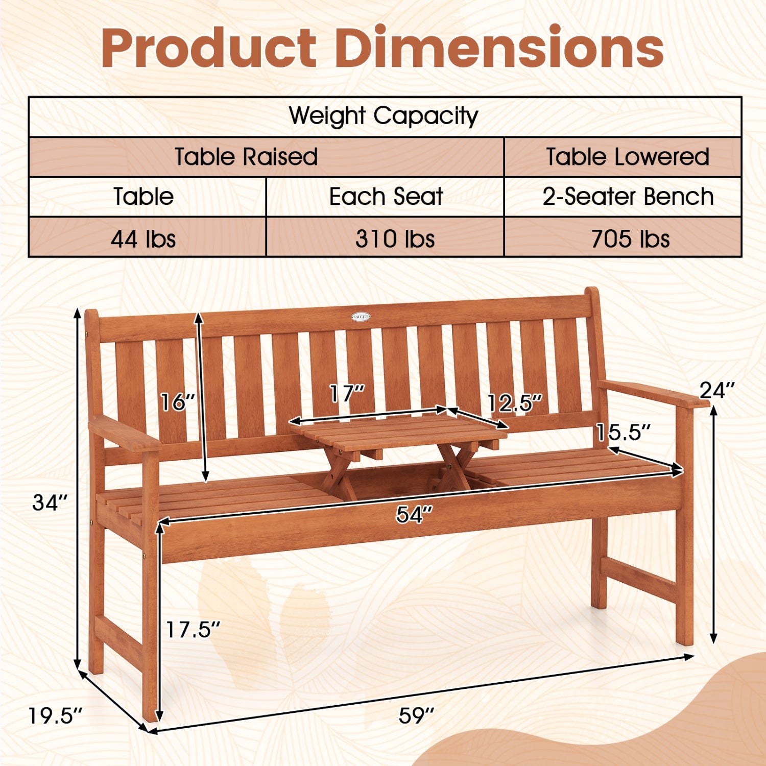 59in outdoor wood garden bench with pull in warm brown finish, DirectDeals on Tampa Home & Garden Store