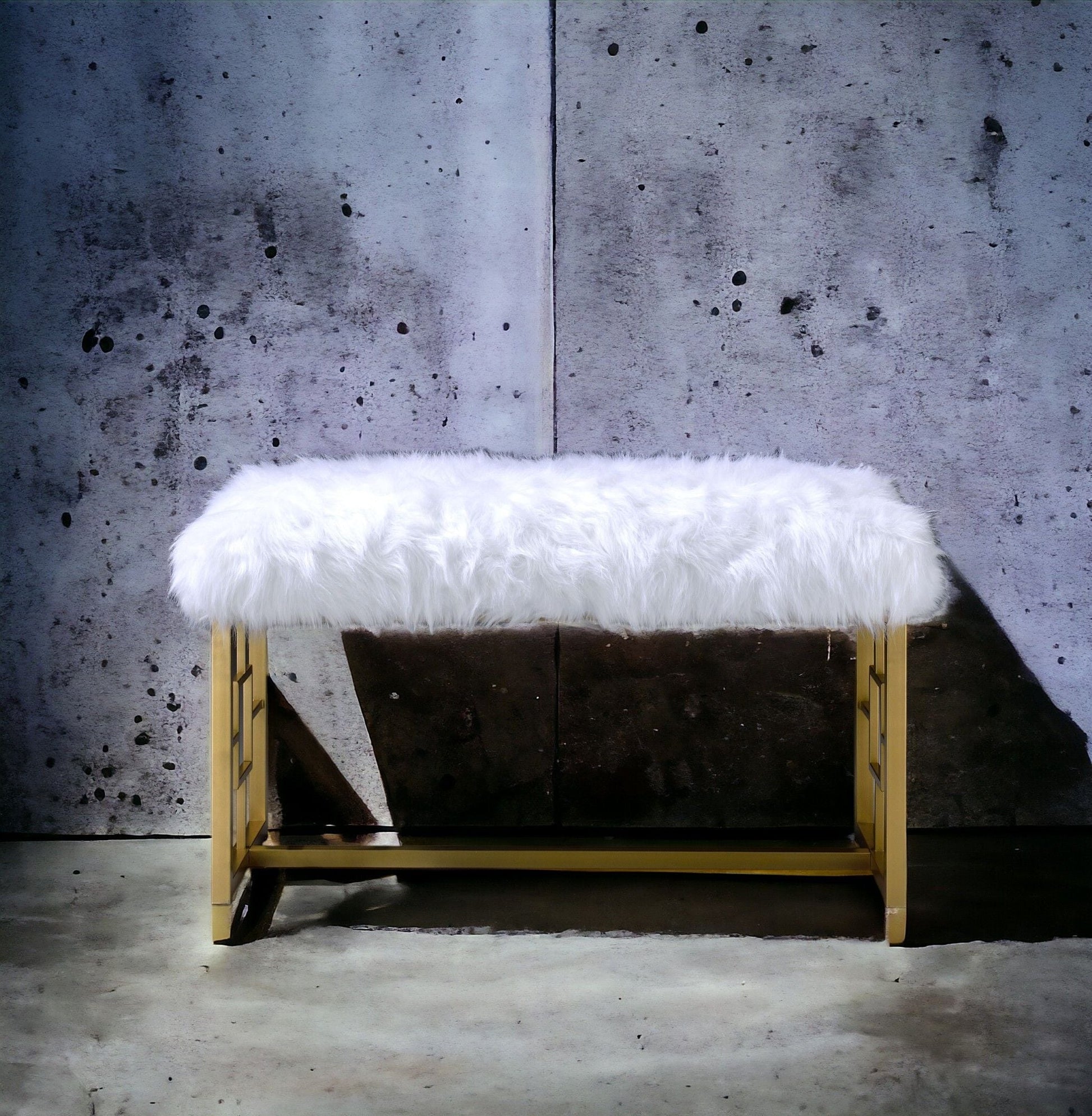 Bagley II upholstered bench with white faux fur top and gold metal frame on Tampa Home & Garden Store