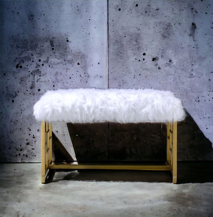 Bagley II upholstered bench with white faux fur top and gold metal frame on Tampa Home & Garden Store