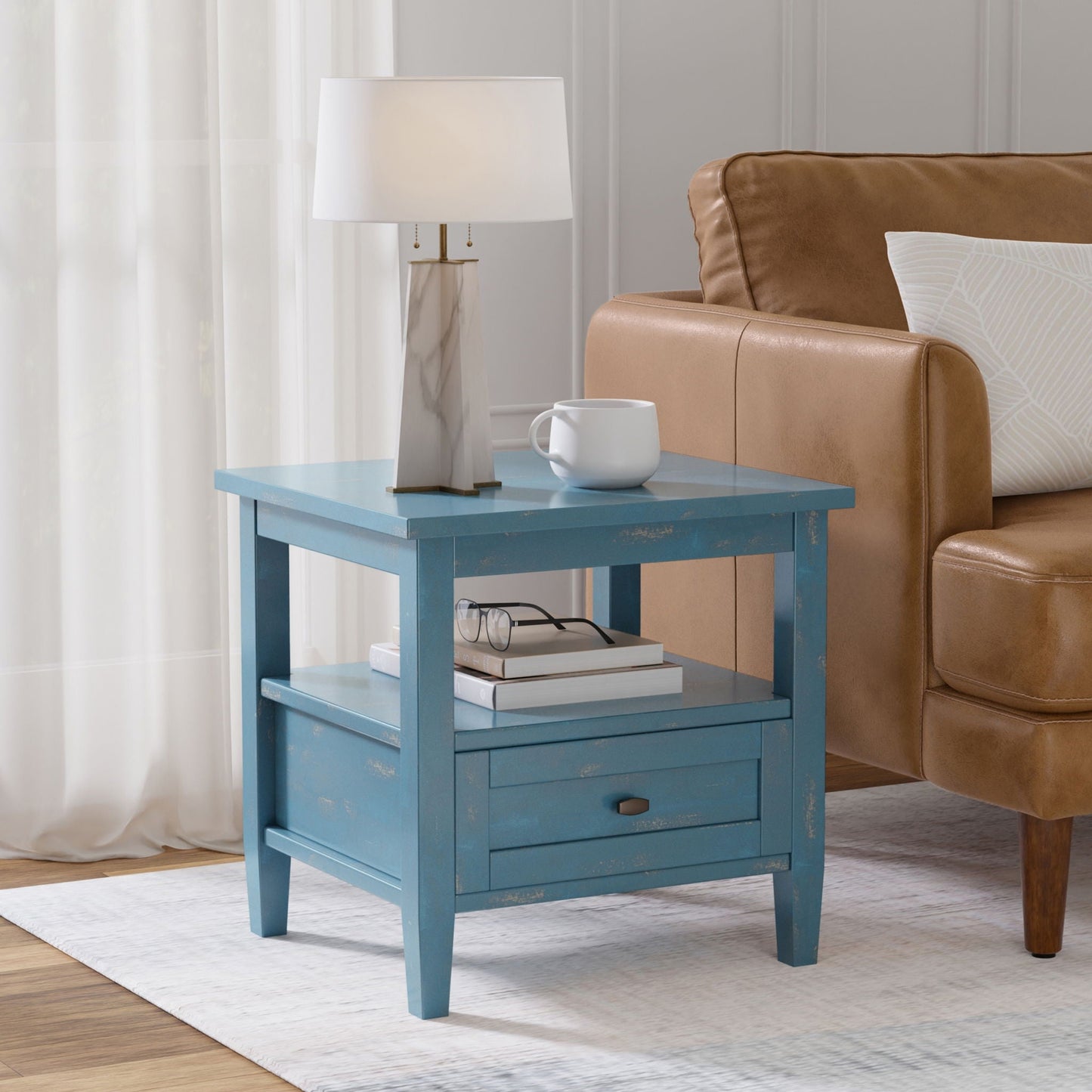 Warm Shaker Handcrafted Table, blue painted wooden coffee table with lower shelf on Tampa Home & Garden Store