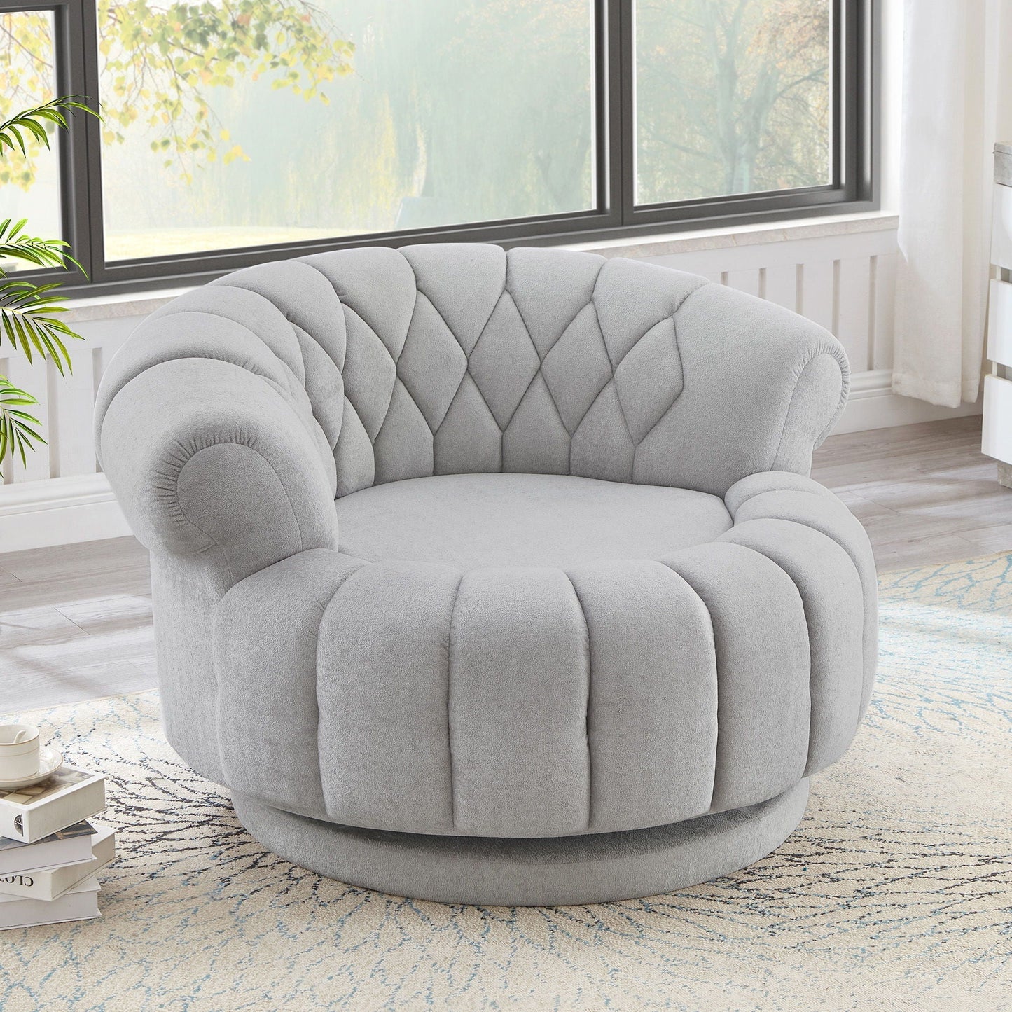 Round diamond-tufted light gray fabric swivel armchair with rotation on Tampa Home & Garden Store