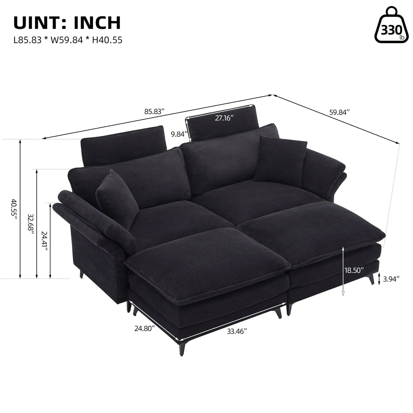 Modern deep-seat sectional sofa with ottoman, 3-piece dark-fabric set by Unique Piece Furniture on Tampa Home & Garden Store