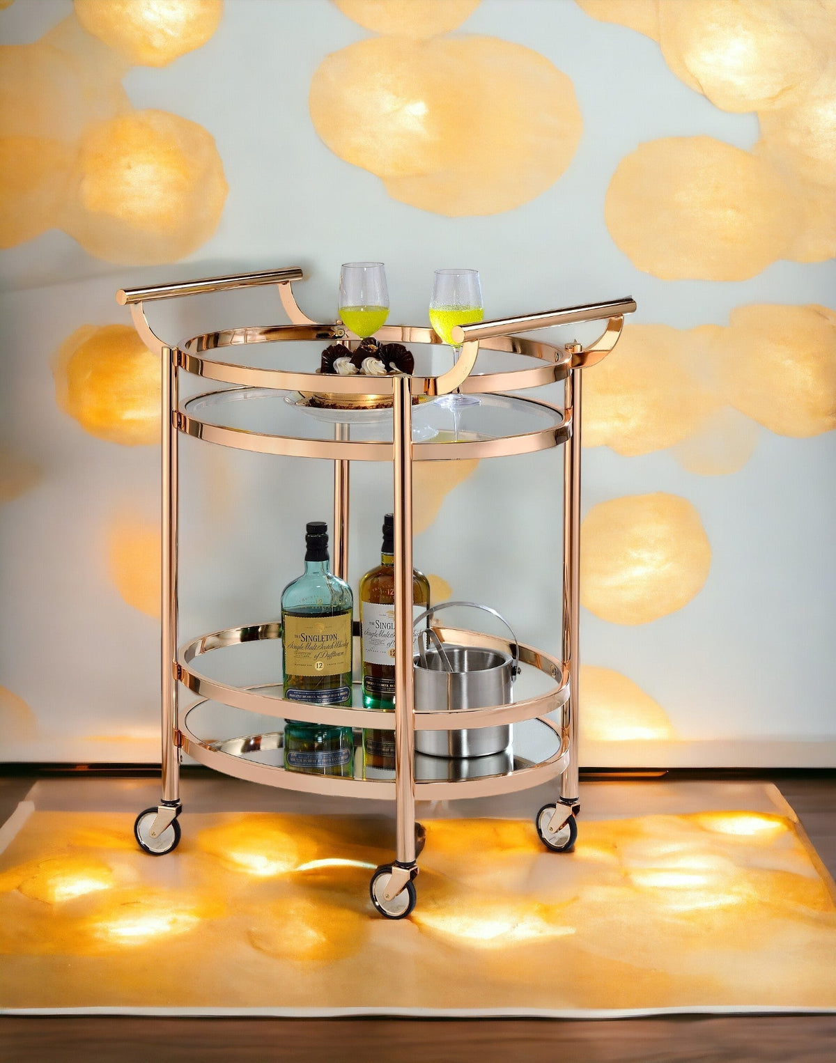 Lakelyn Clear Glass & Rose Gold Serving Cart, 3-tier glass shelves, wheels on Tampa Home & Garden Store