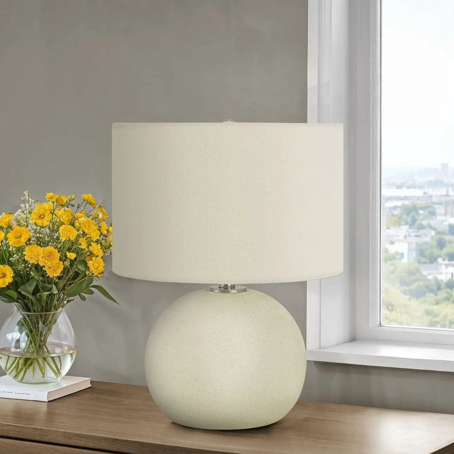 Cream ceramic table lamp with a two-sphere base and fabric shade by Unique Piece Furniture on Tampa Home & Garden Store
