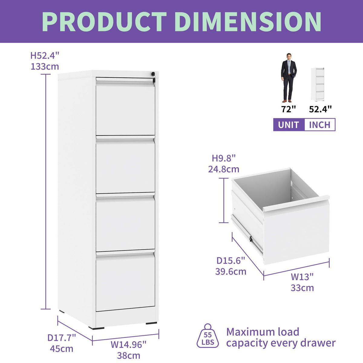 Steel vertical filing cabinet with lock by HouseOfZazla, white five-drawer unit 52.4 in tall on Tampa Home & Garden Store