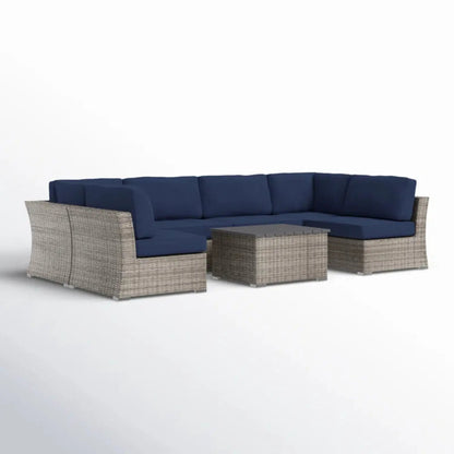 Wicker sectional sofa with navy cushions and coffee table, 2pc set Unique Piece Furniture on Tampa Home & Garden Store