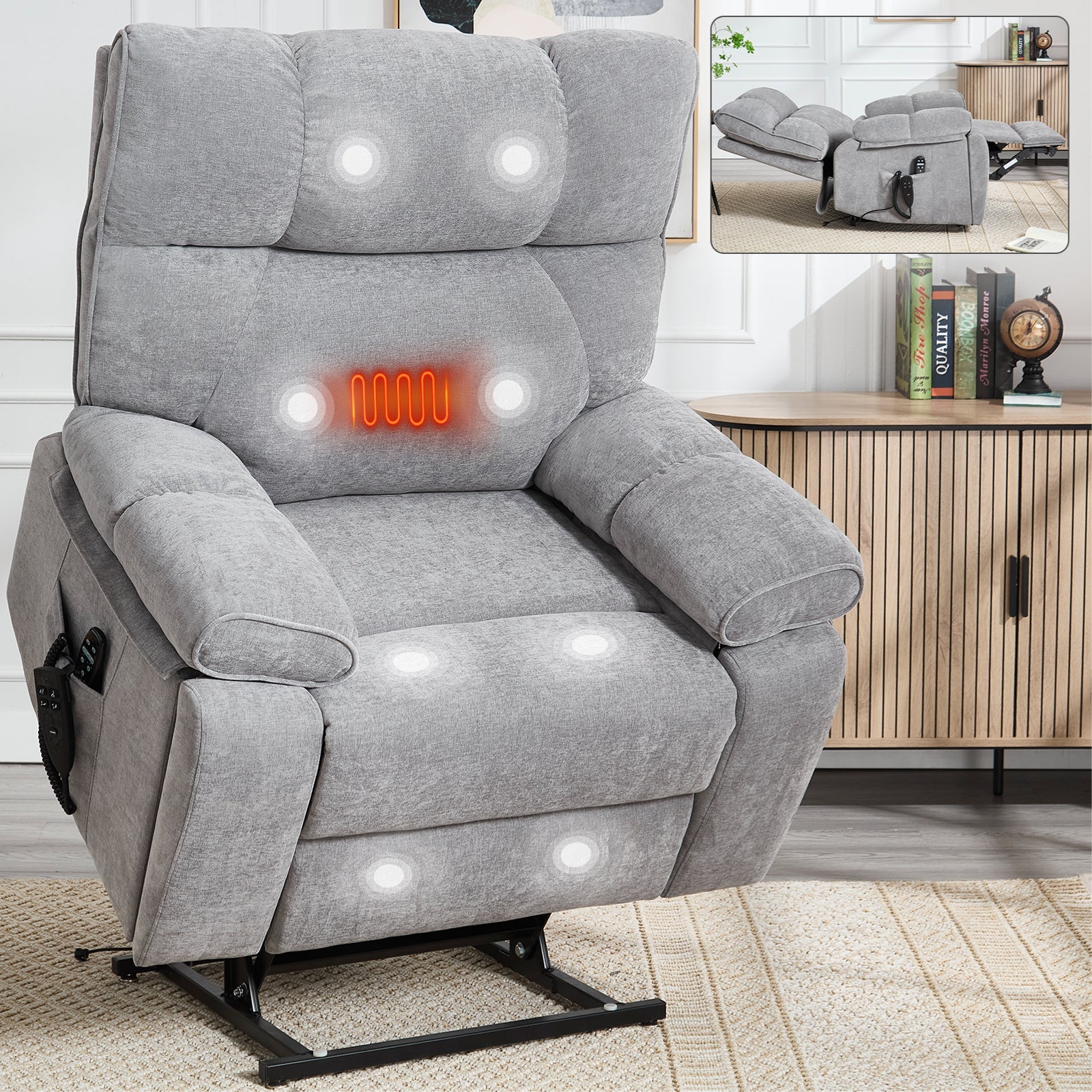 Grey Heat Massage Dual Motor Electric Power Lift Recliner by HouseOfZazla with heat on Tampa Home & Garden Store