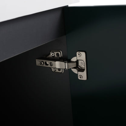 Freestanding bath vanity door close-up with metal hinge on black cabinet finish on Tampa Home & Garden Store