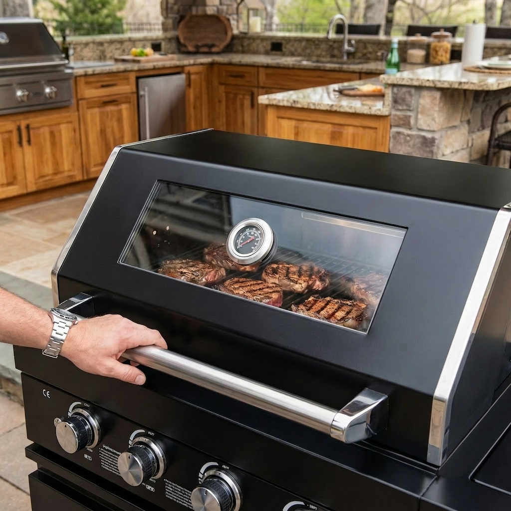 65.4-Inch Deluxe Stainless Steel Propane Gas Outdoor Kitchen Grill with viewing window and built-in thermometer on Tampa Home & Garden Store