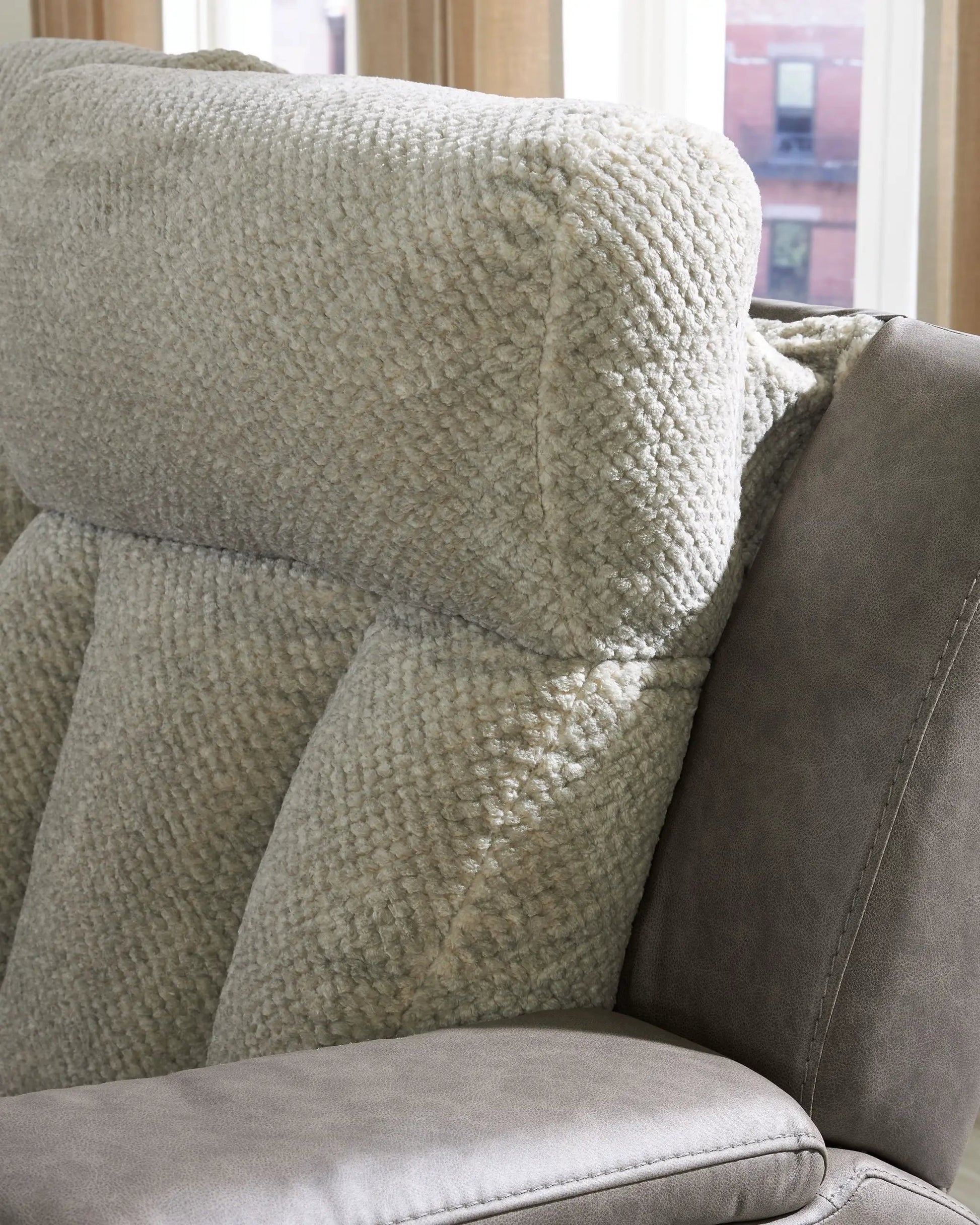 WhipLash power recliner with adjustable headrest in sisal beige textured fabric, close-up of arm on Tampa Home & Garden Store