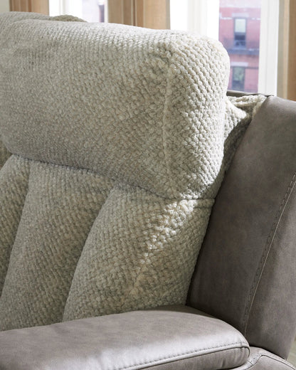WhipLash power recliner with adjustable headrest in sisal beige textured fabric, close-up of arm on Tampa Home & Garden Store