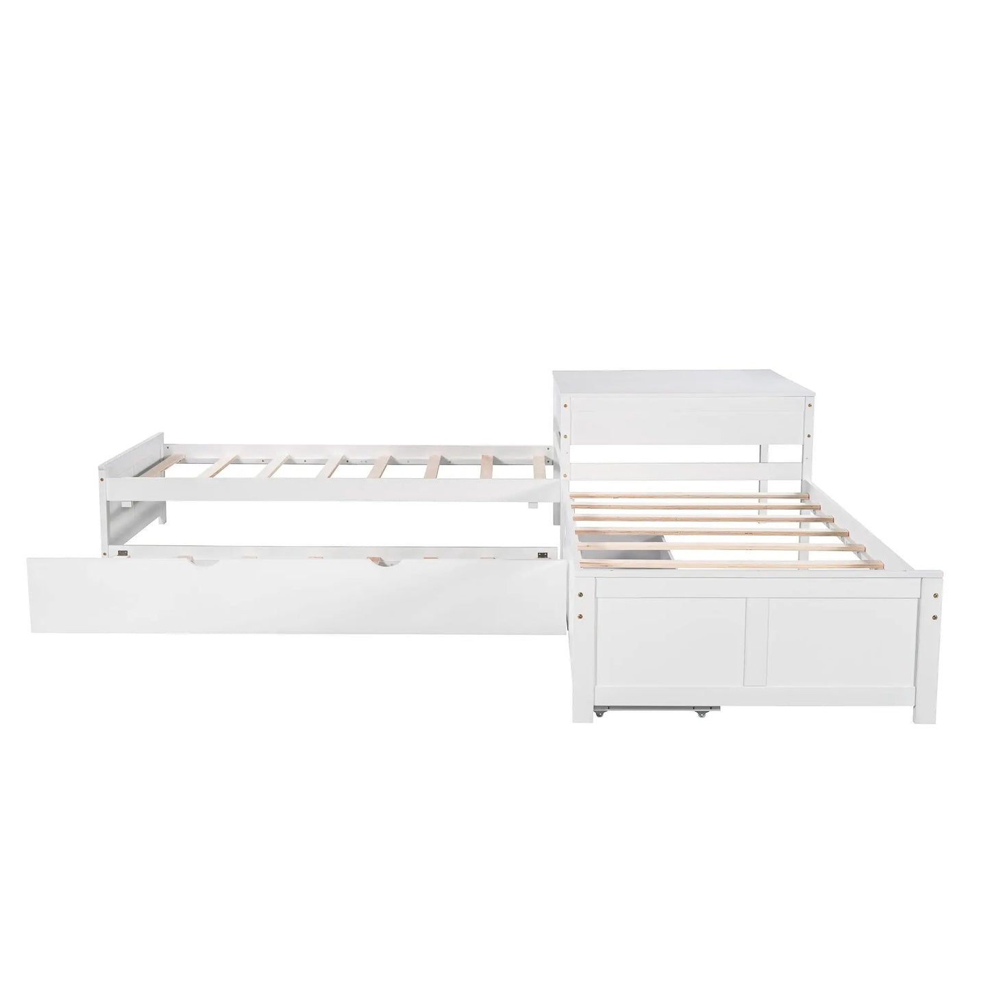White L-shaped platform bed with built-in desk and drawers, slatted base on Tampa Home & Garden Store
