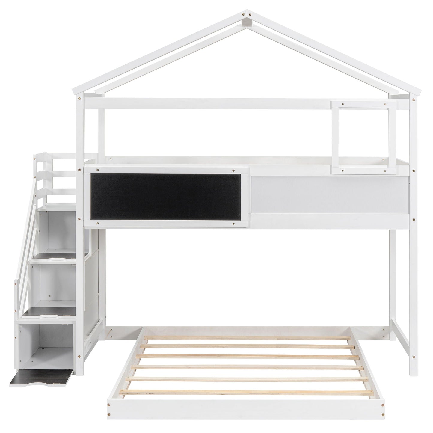 House Style Bunk Bed with Storage Staircase, white wood frame and slatted bed base on Tampa Home & Garden Store