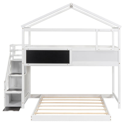 House Style Bunk Bed with Storage Staircase, white wood frame and slatted bed base on Tampa Home & Garden Store