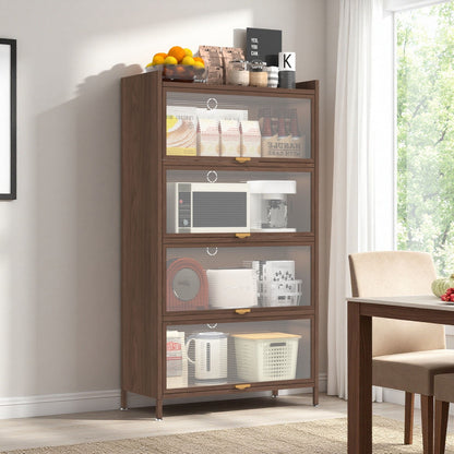 Dark wood tall display cabinet with glass doors and four drawers, filled with items on Tampa Home & Garden Store