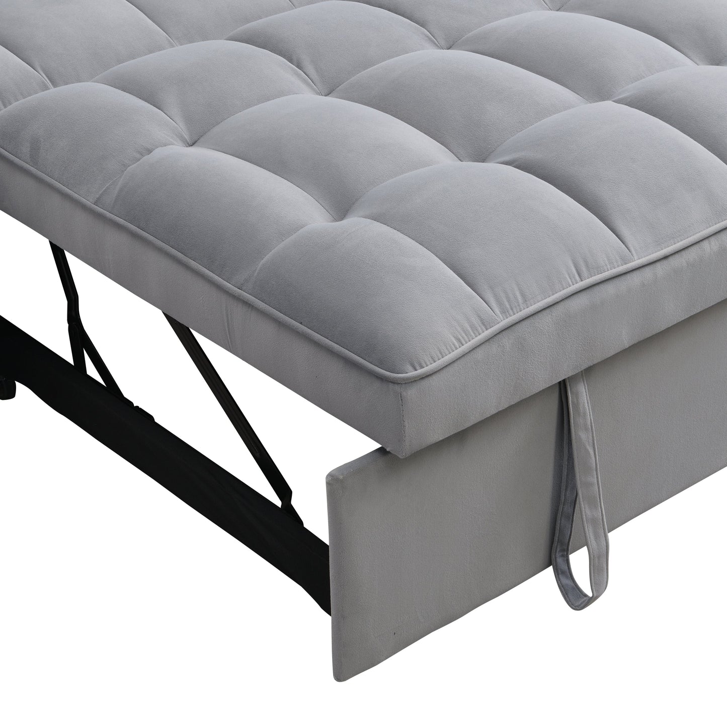 Modern velvet loveseat futon with pullout bed, gray tufted upholstery, black metal legs on Tampa Home & Garden Store