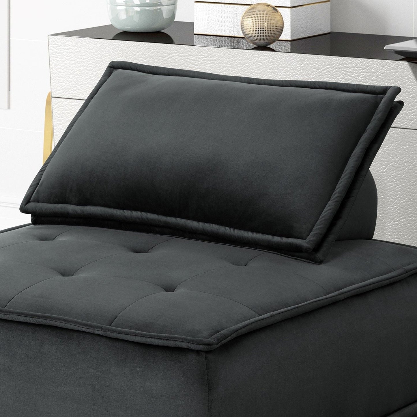 Anna Stylish Sectional Sofa Ottoman charcoal gray fabric with tufted cushion and piping on Tampa Home & Garden Store