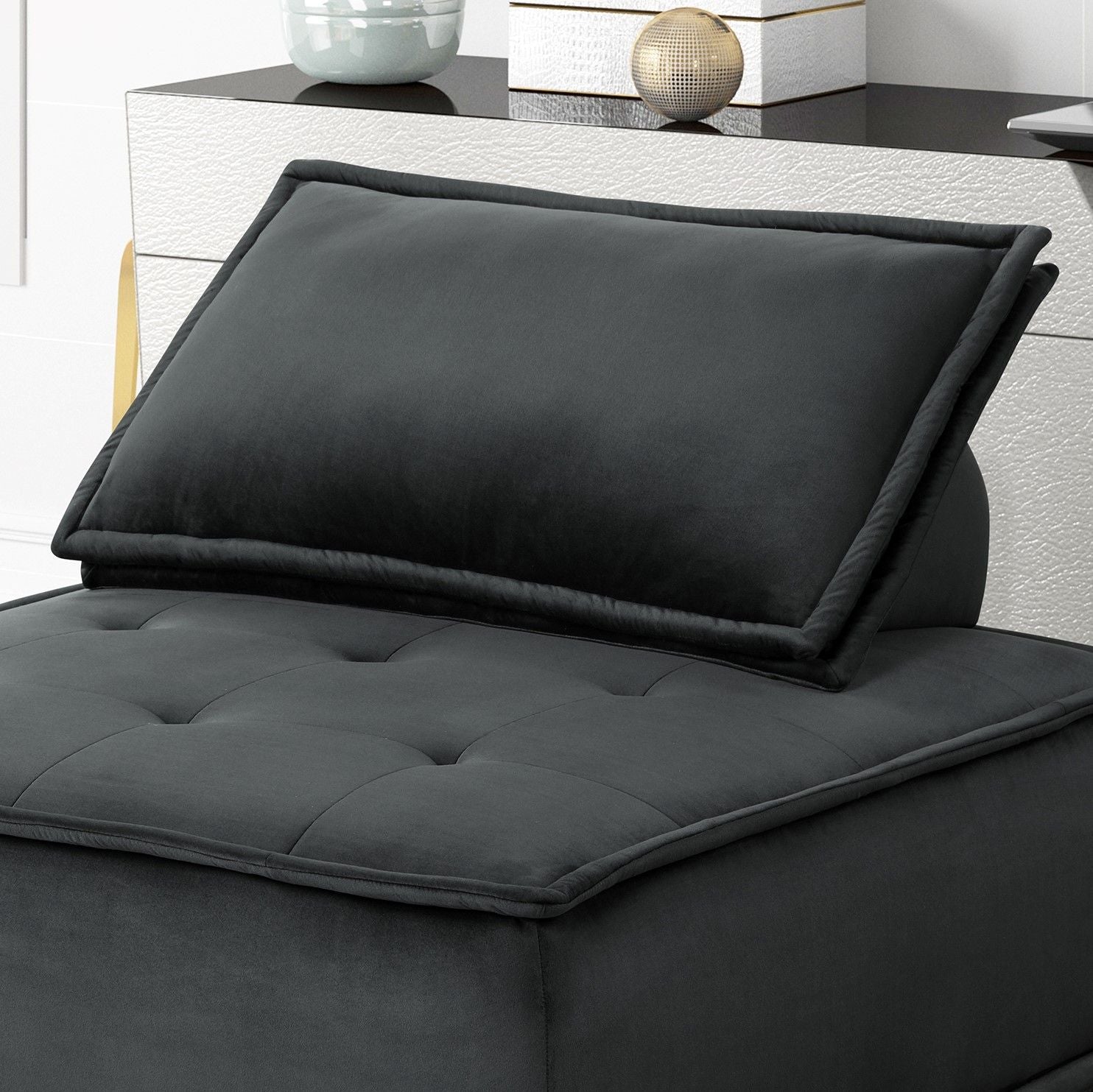 Anna Stylish Sectional Sofa Ottoman charcoal gray fabric with tufted cushion and piping on Tampa Home & Garden Store