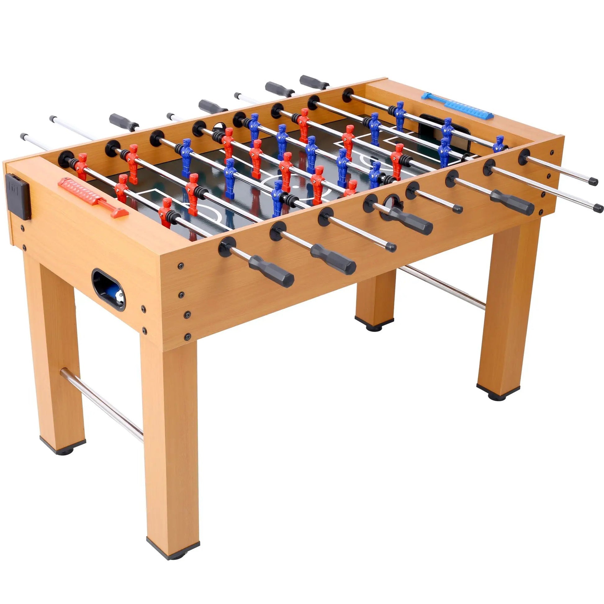 Hurricane foosball table by Unique Piece Furniture, wood cabinet with red and blue players on Tampa Home & Garden Store