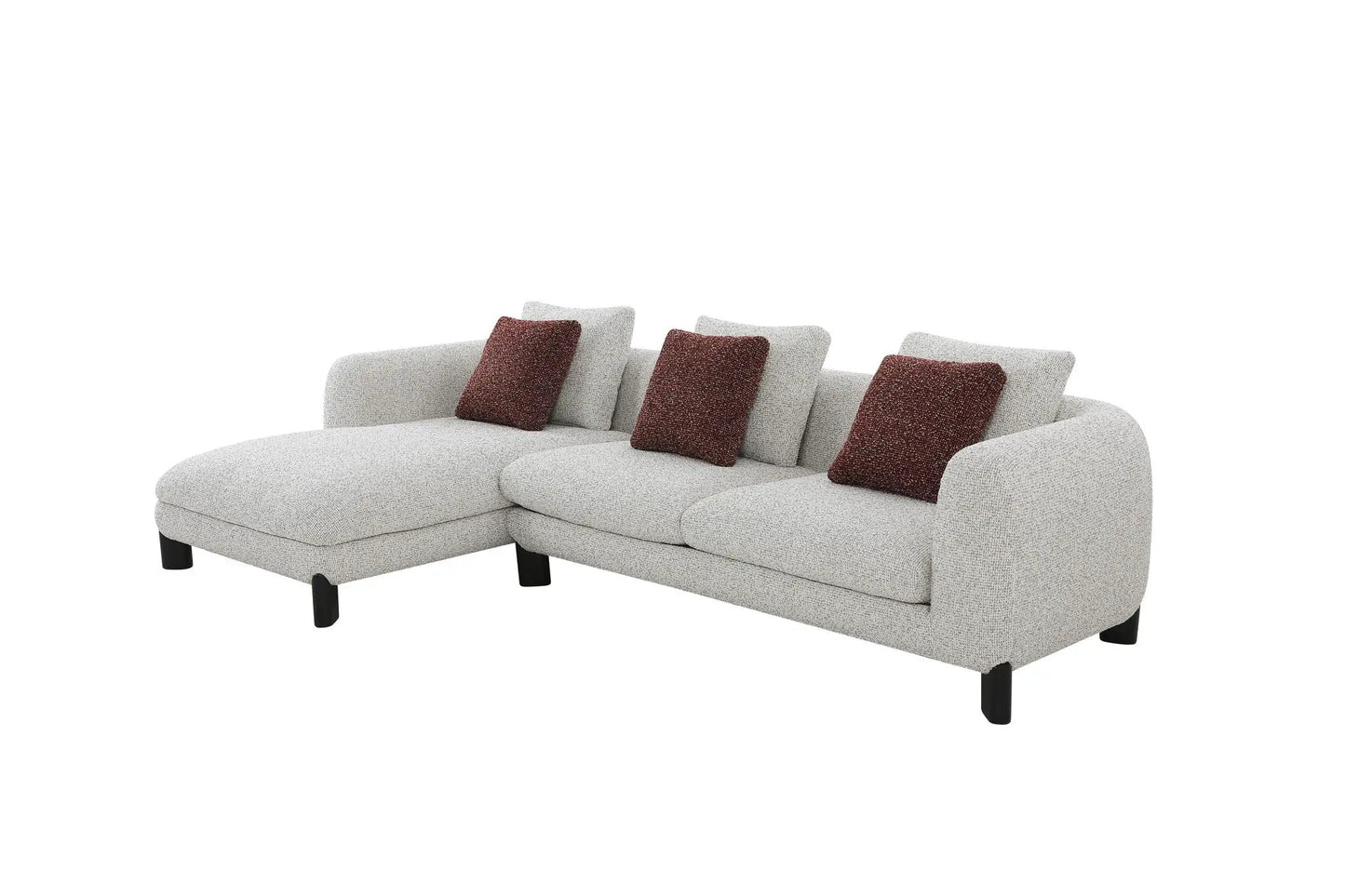 Mardi Tweed Sectional Sofa with 3 maroon pillows, beige upholstery, stationary sectional on Tampa Home & Garden Store