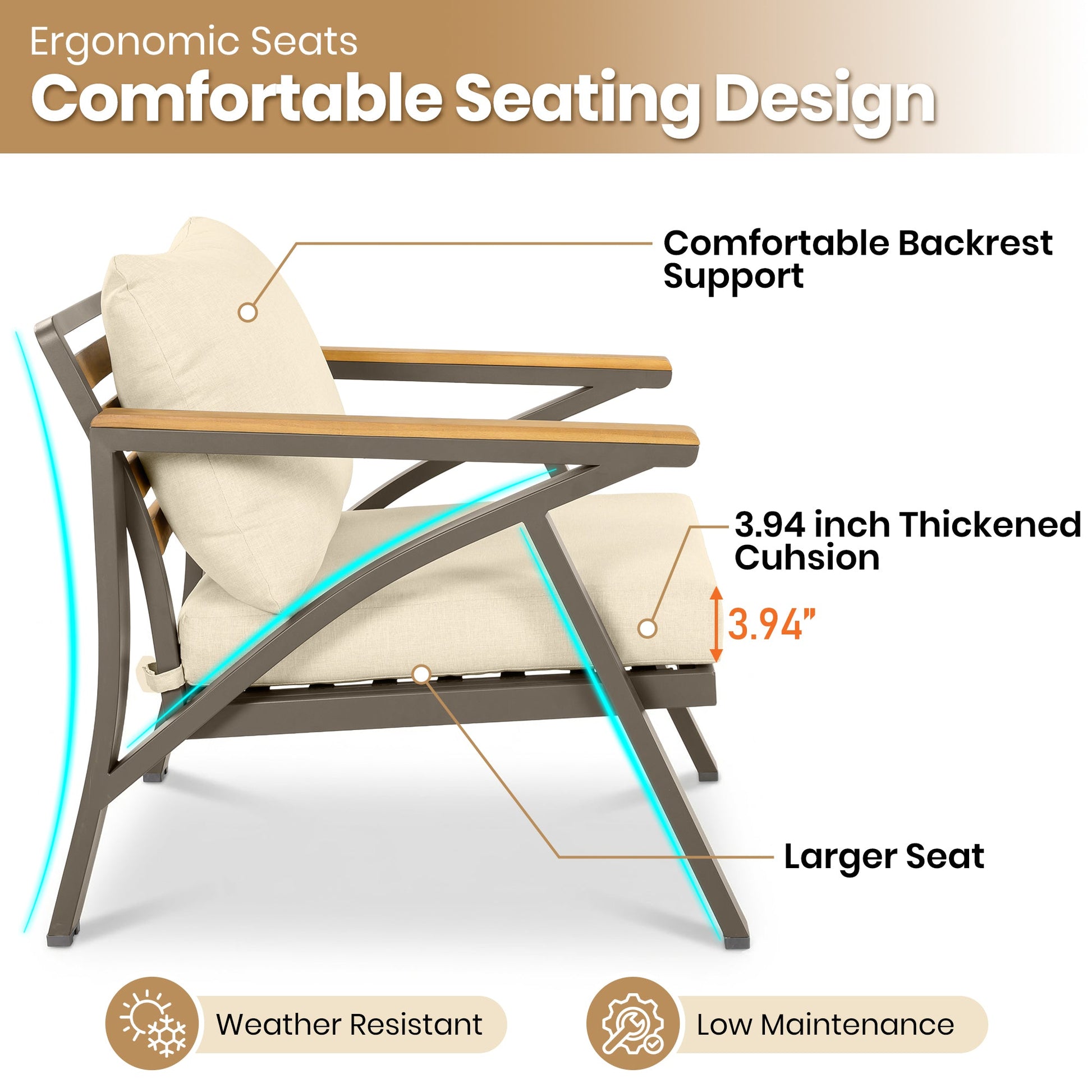 6-piece outdoor patio set with steel frame sofa and acacia wood table, beige cushions on Tampa Home & Garden Store
